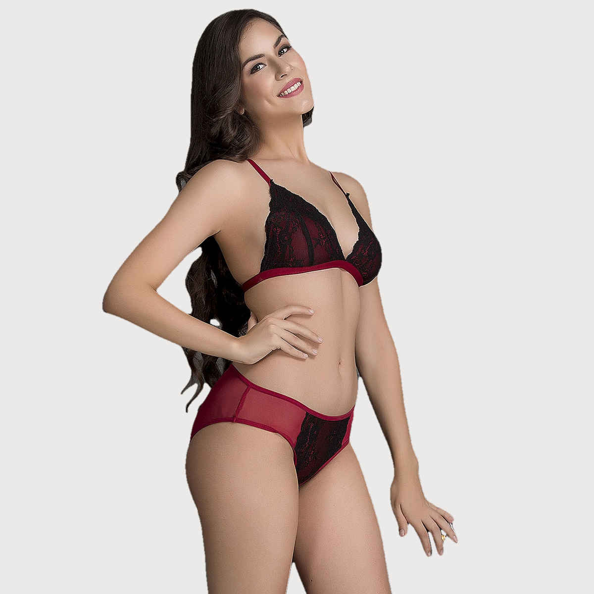Clovia Non-Padded Non-Wired Demi Cup Plunge Bra & Low Waist Bikini Panty | BP1477P04 - Red - 38B