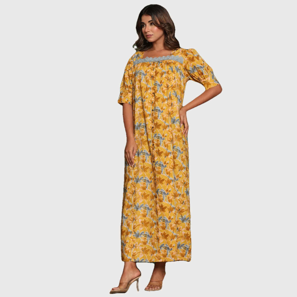 Nihsamah Women's Cotton Lace Nighty | Full Length | Mustard - M