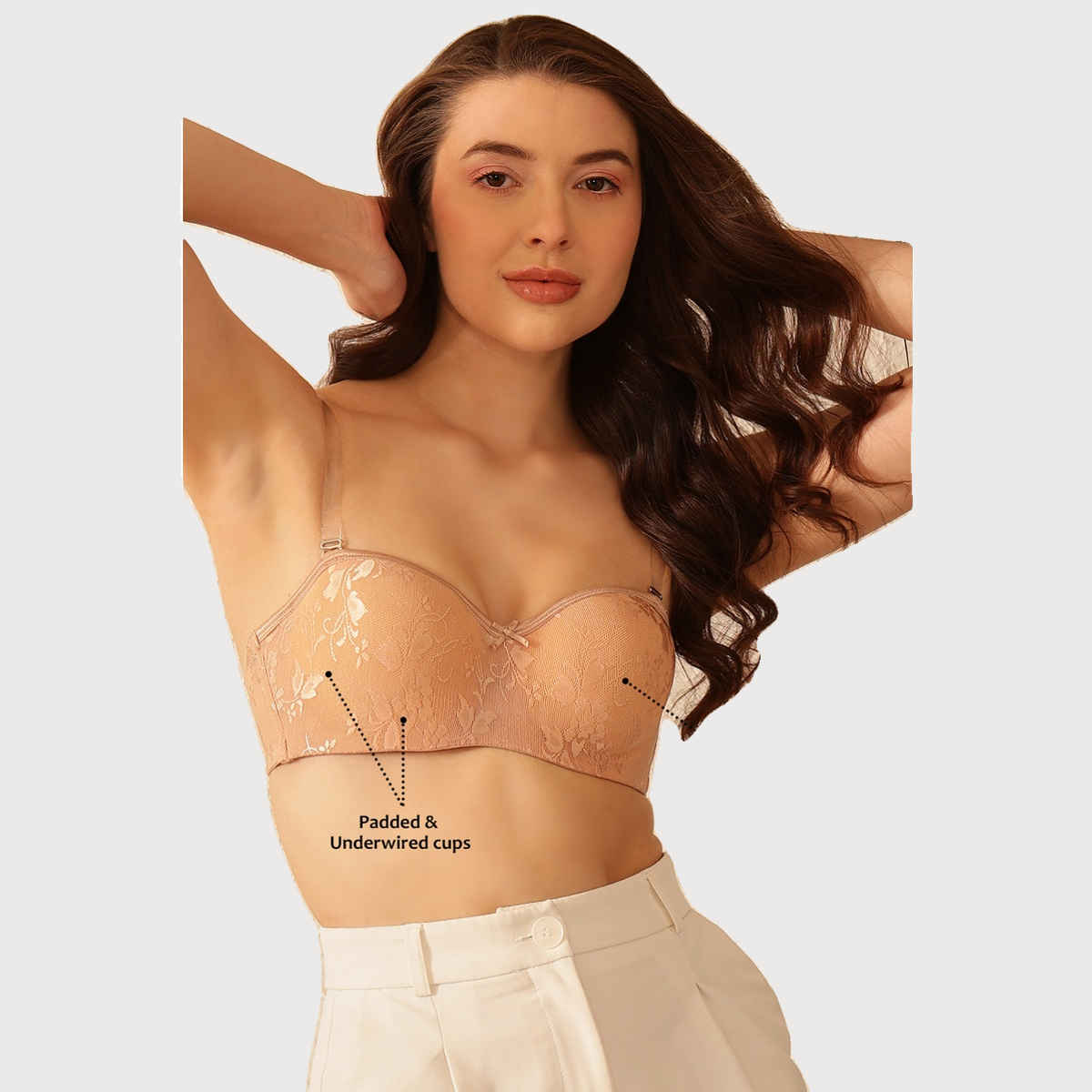 Clovia Women Padded Underwired Full Coverage Strapless Bra - Lace | Beige | 32D