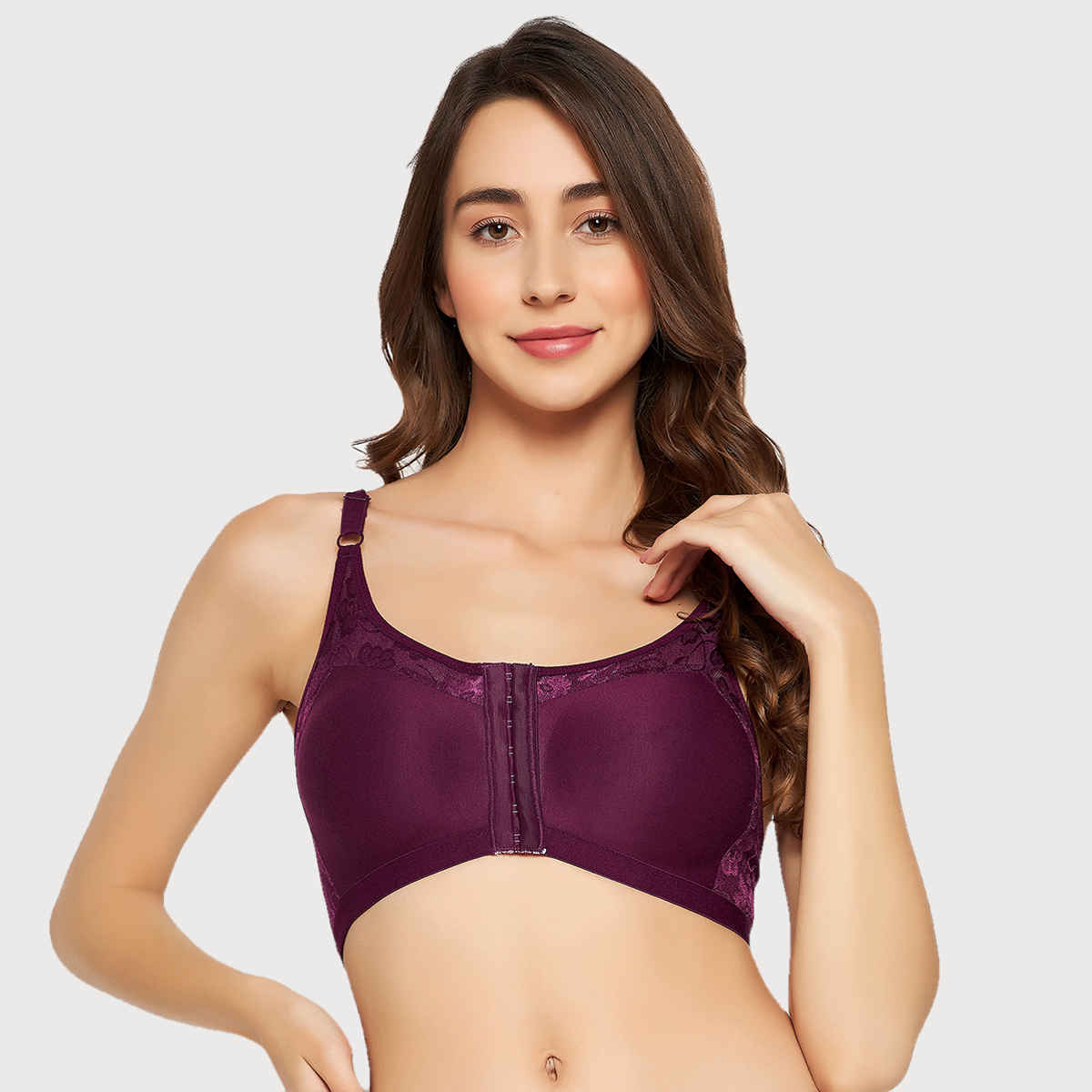 Clovia Women Non-Padded Non-Wired Spacer Cup Front Open Figure Bra - Cotton Rich | Purple | 34B