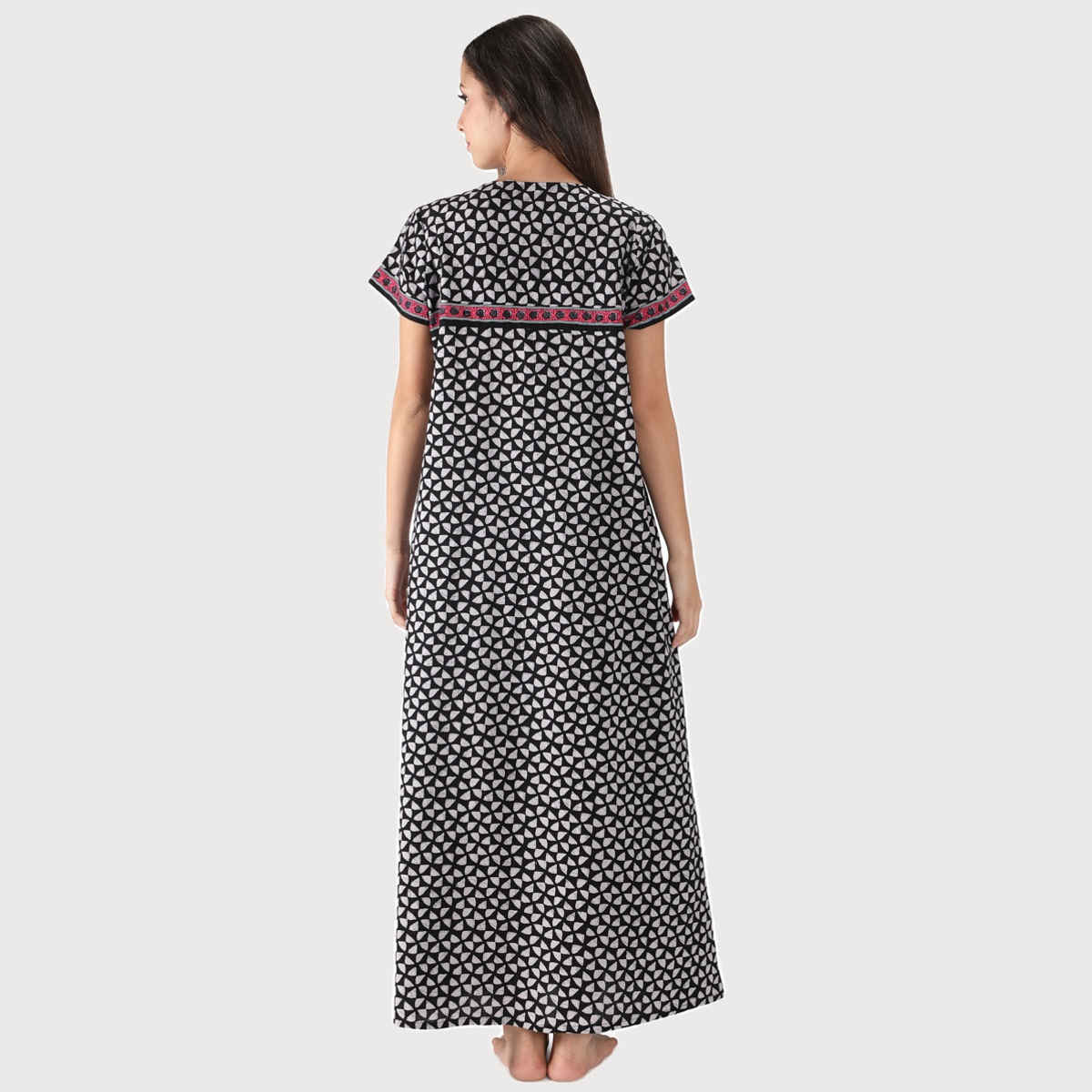 Nihsamah Women's Cotton Essential Button-Up Nighty | Full Length | Black & White - L