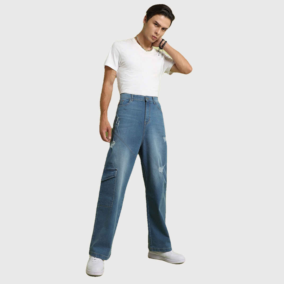 Campus Sutra Men's Asymmetrical Stitch Denim Jeans | Blue - 36