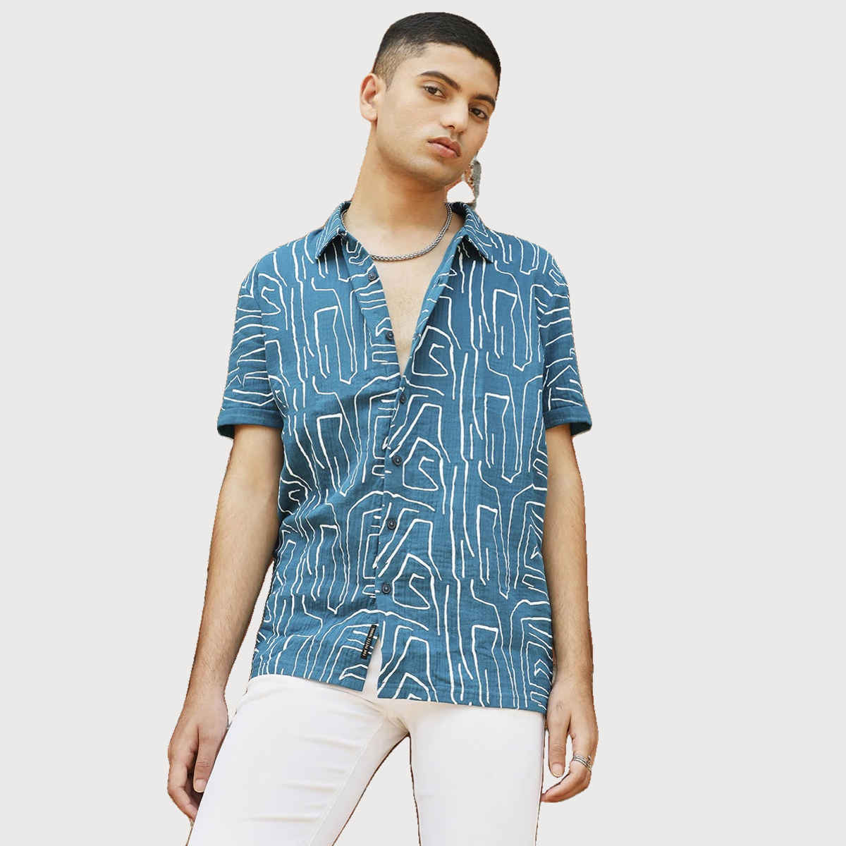 Campus Sutra Men's Abstract Lines Print Shirt | Blue - S
