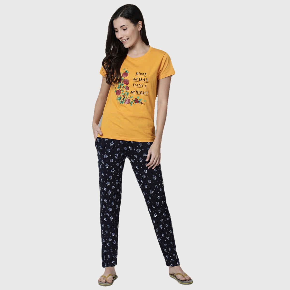 Kryptic Women's Printed Cotton Lounge T-shirt | Mustard - M