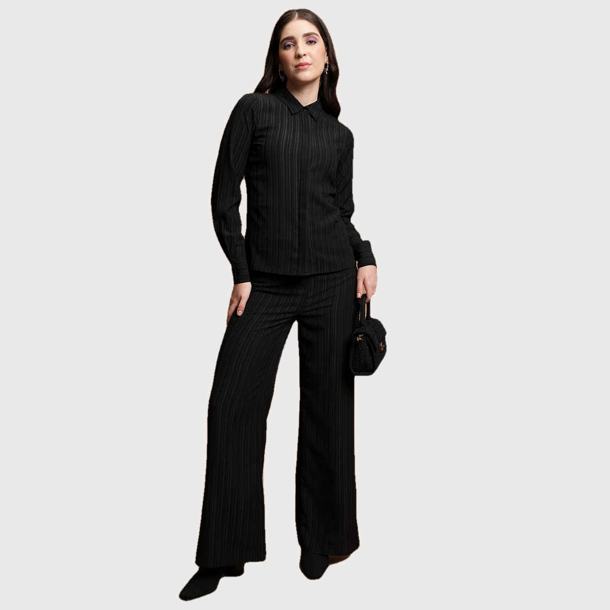 Ketch Women Striped Pleated Shirt With Trouser Co-ords | Black | XL