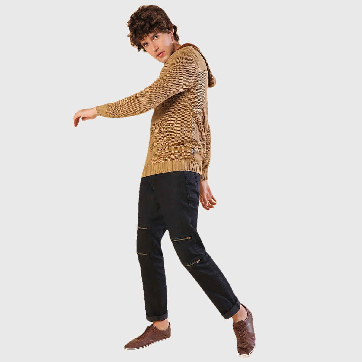 Campus Sutra Men's Hooded Sweatshirt | Beige - XL