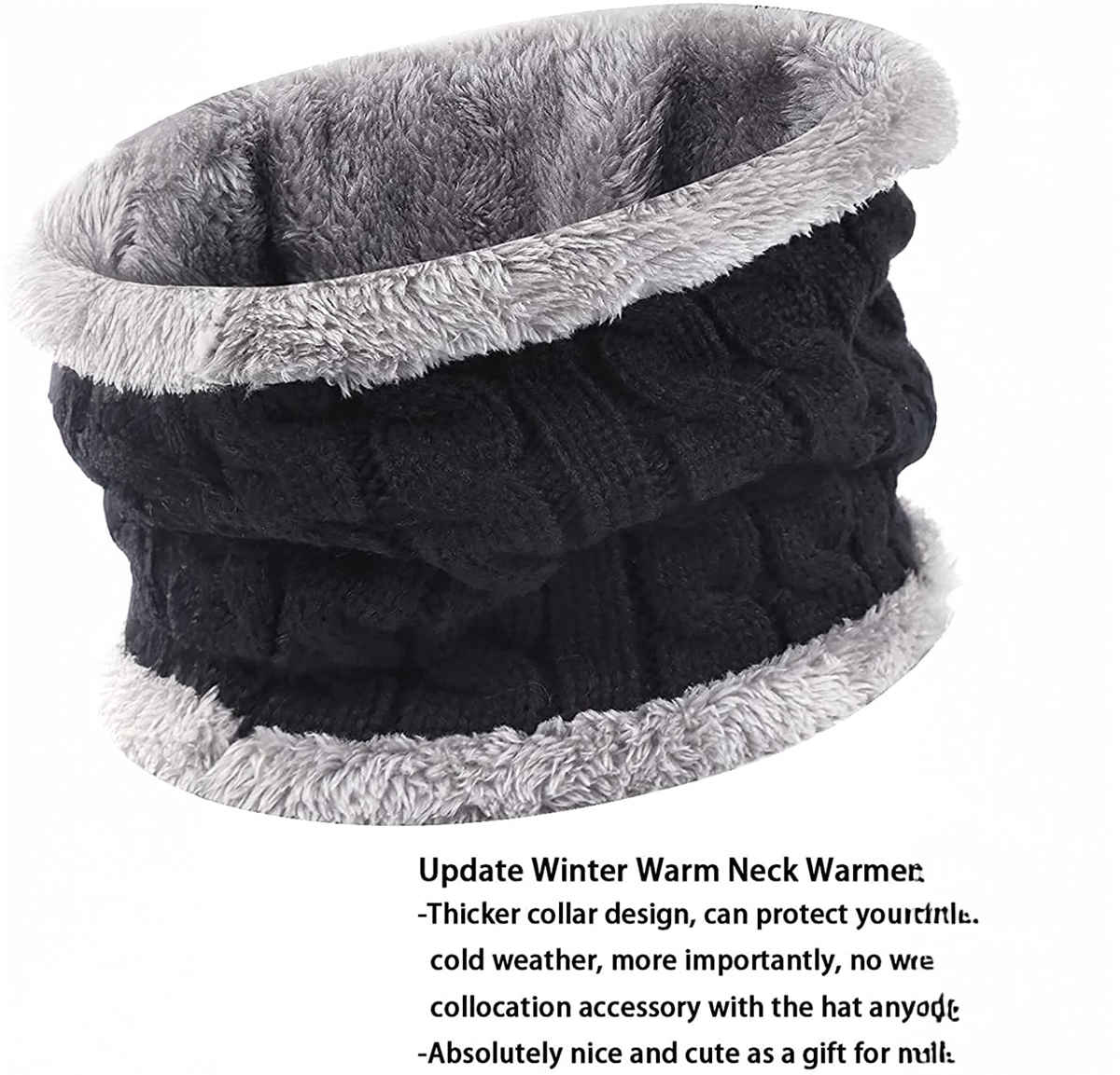 Infispace Winter Woolen Unisex Fur Fleece Lined Beanie Knitted Cap with Neck Warmer | Black