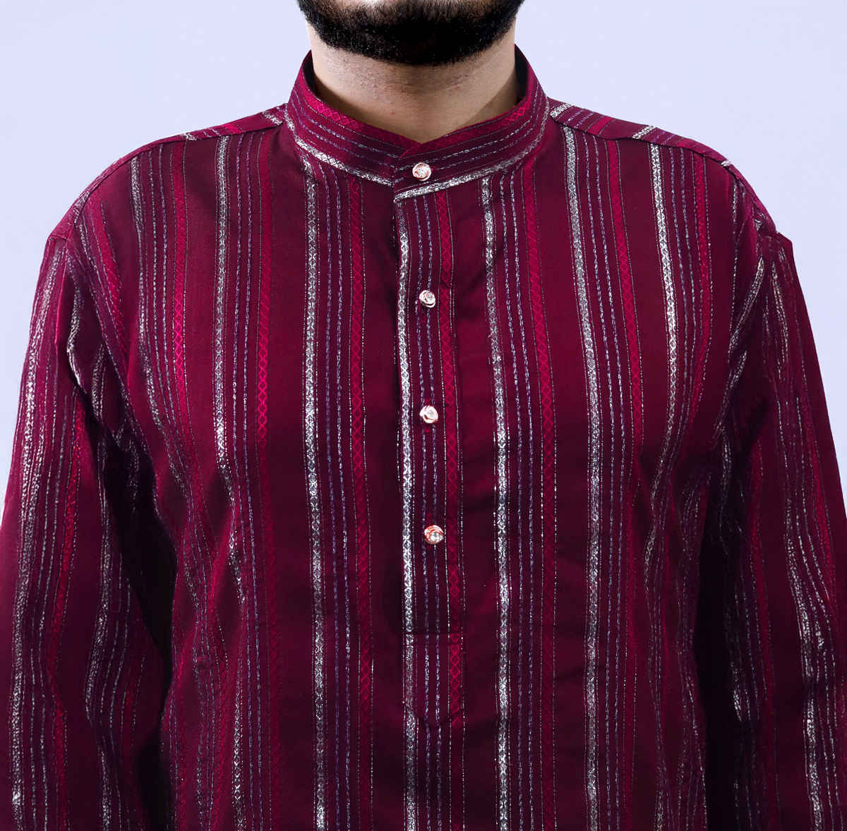 Tibra Collection Men Kurta - Maroon | Solid | Thin Striped | Cotton Blend | L