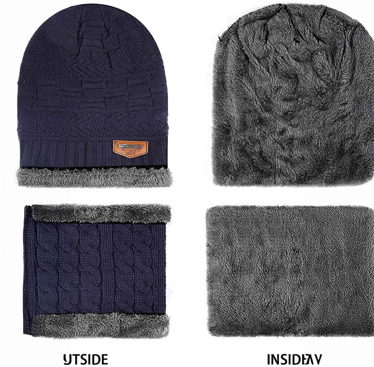 Infispace Winter Woolen Unisex Fur Fleece Lined Beanie Knitted Cap with Neck Warmer | Navy Blue