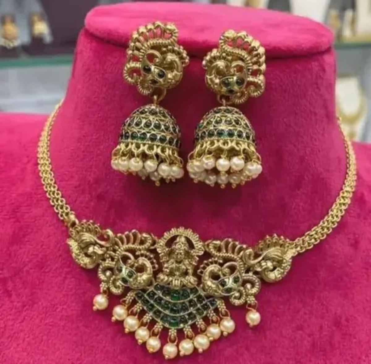 The Opal Factory Temple Jewelry Drop Moti Laxmi Necklace | Earrings | Gold Multi - Necklace-037