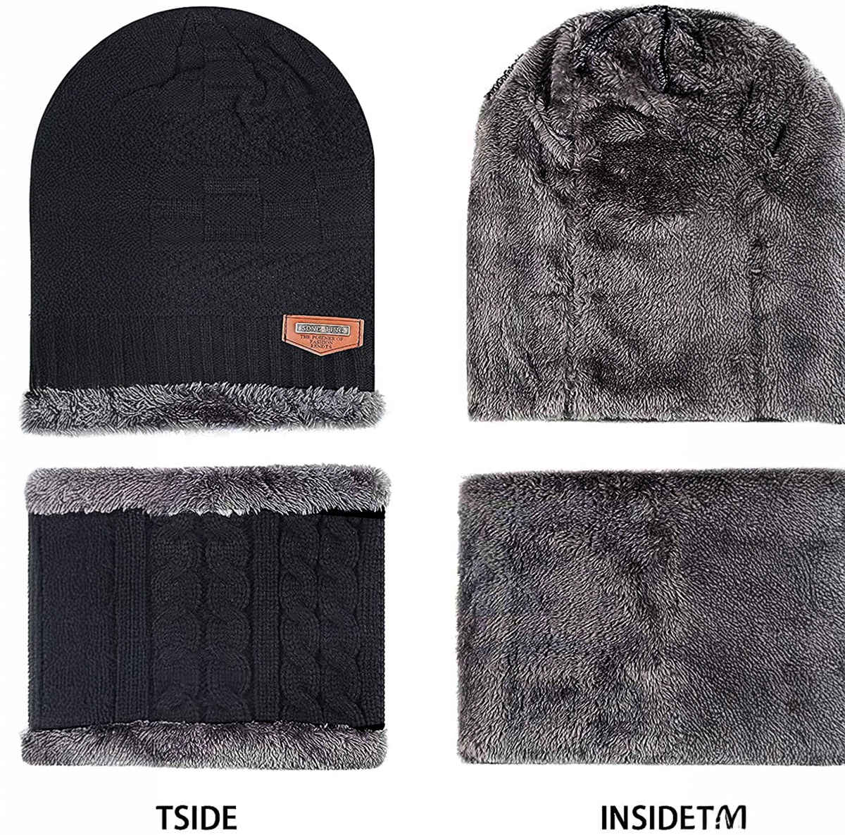 Infispace Winter Woolen Unisex Fur Fleece Lined Beanie Knitted Cap with Neck Warmer | Black