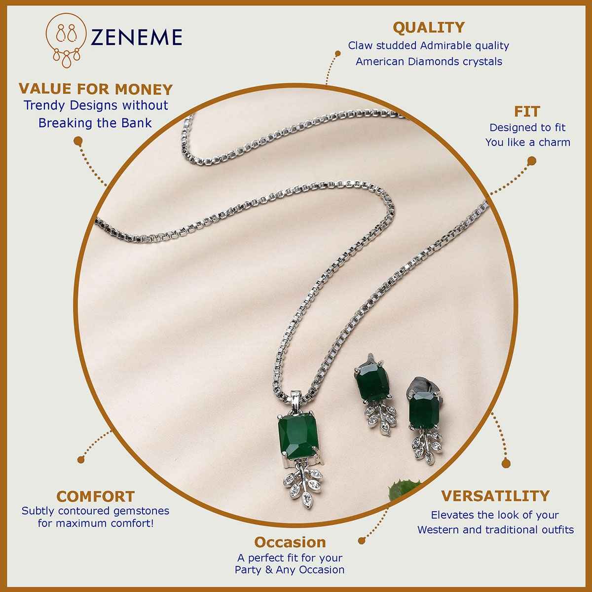 Zeneme Rhodium-Plated American Diamond Studded Jewellery Set For Women & Girls