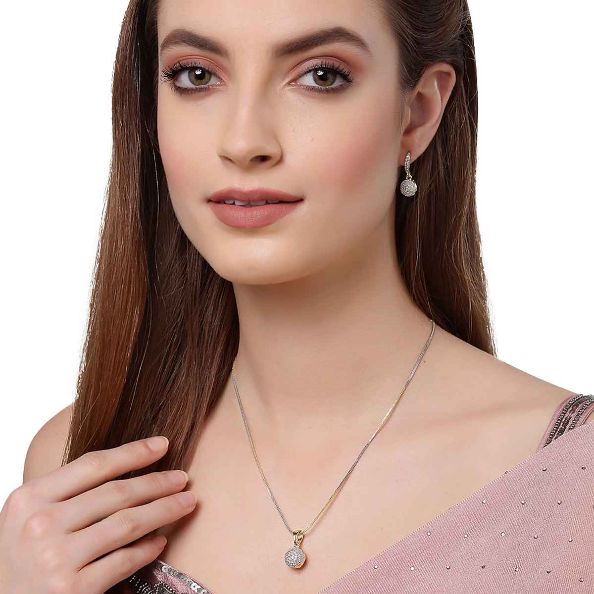 Zeneme Gold Plated Round American Diamond Studded Pendant with Chain and Earring For Women & Girls