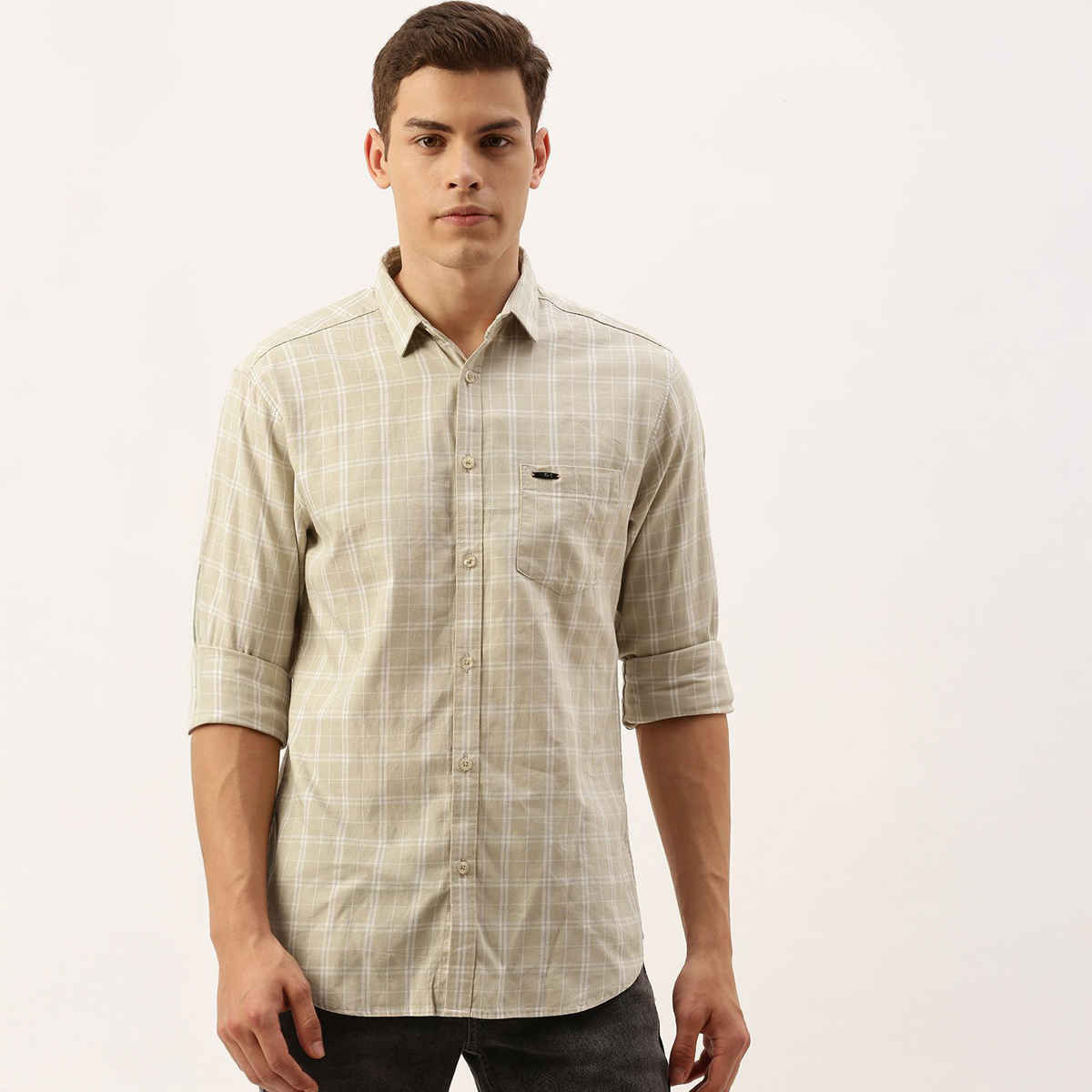 The Indian Garage Co Men's Slim Fit Checkered Casual Shirt | Beige - S