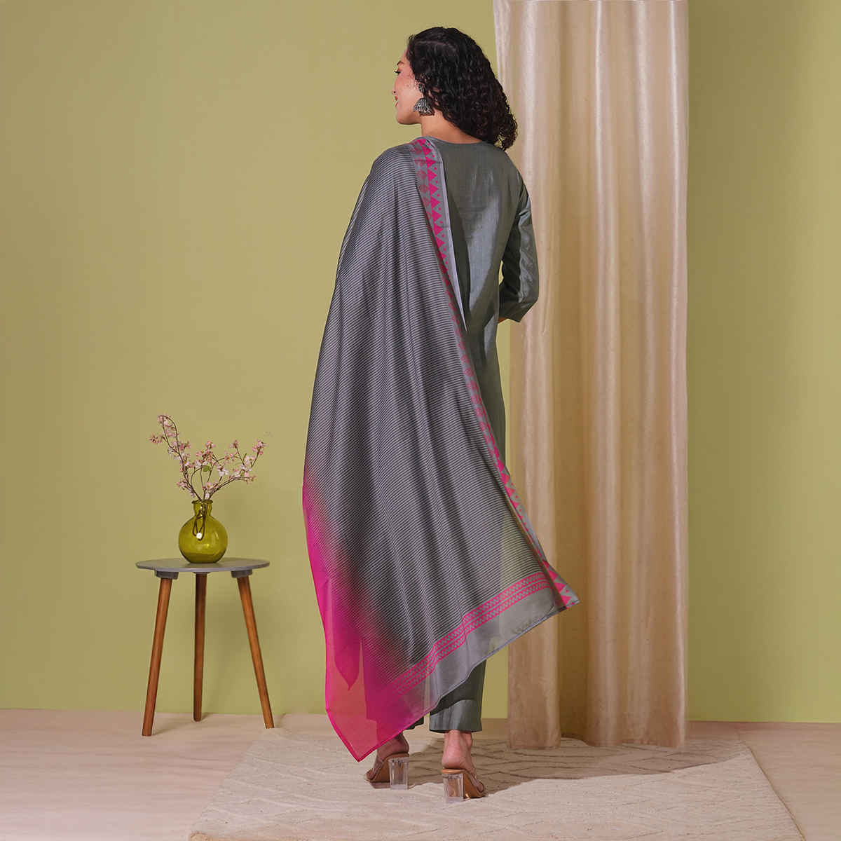 GoSriKi Women's Viscose Rayon Straight Solid Kurta with Pant & Dupatta | MOGUL | Grey - XL