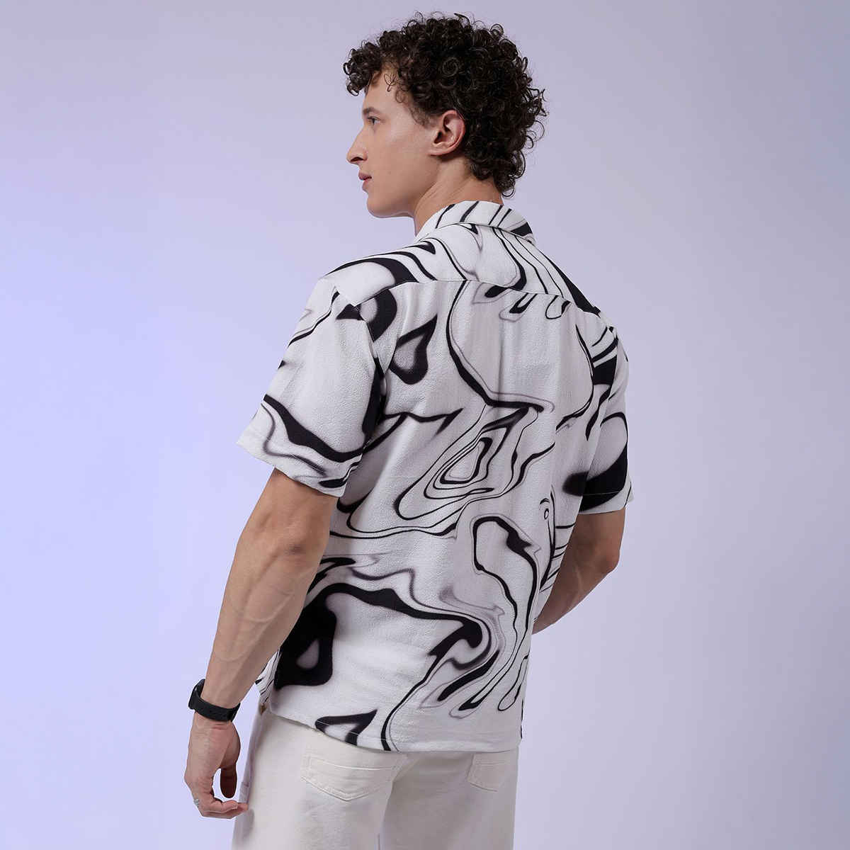 The Indian Garage Co Men's Relaxed Fit Abstract Print Resort Half Sleeve Shirt | White - M
