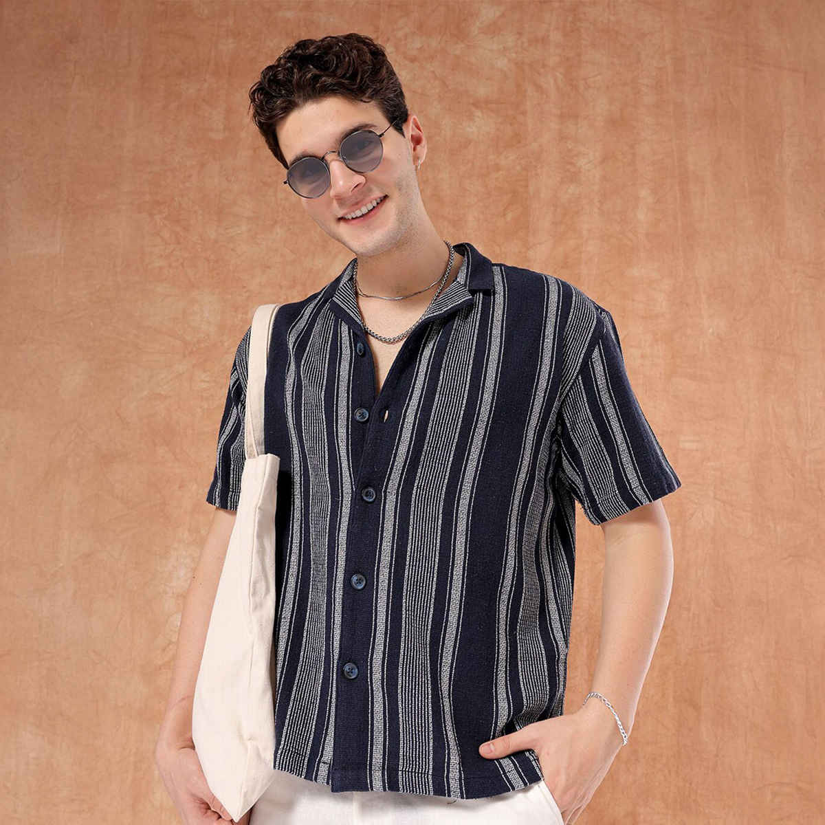 The Indian Garage Co Men's Relaxed Fit Striped Resort Half Sleeve Shirt | Indigo - S
