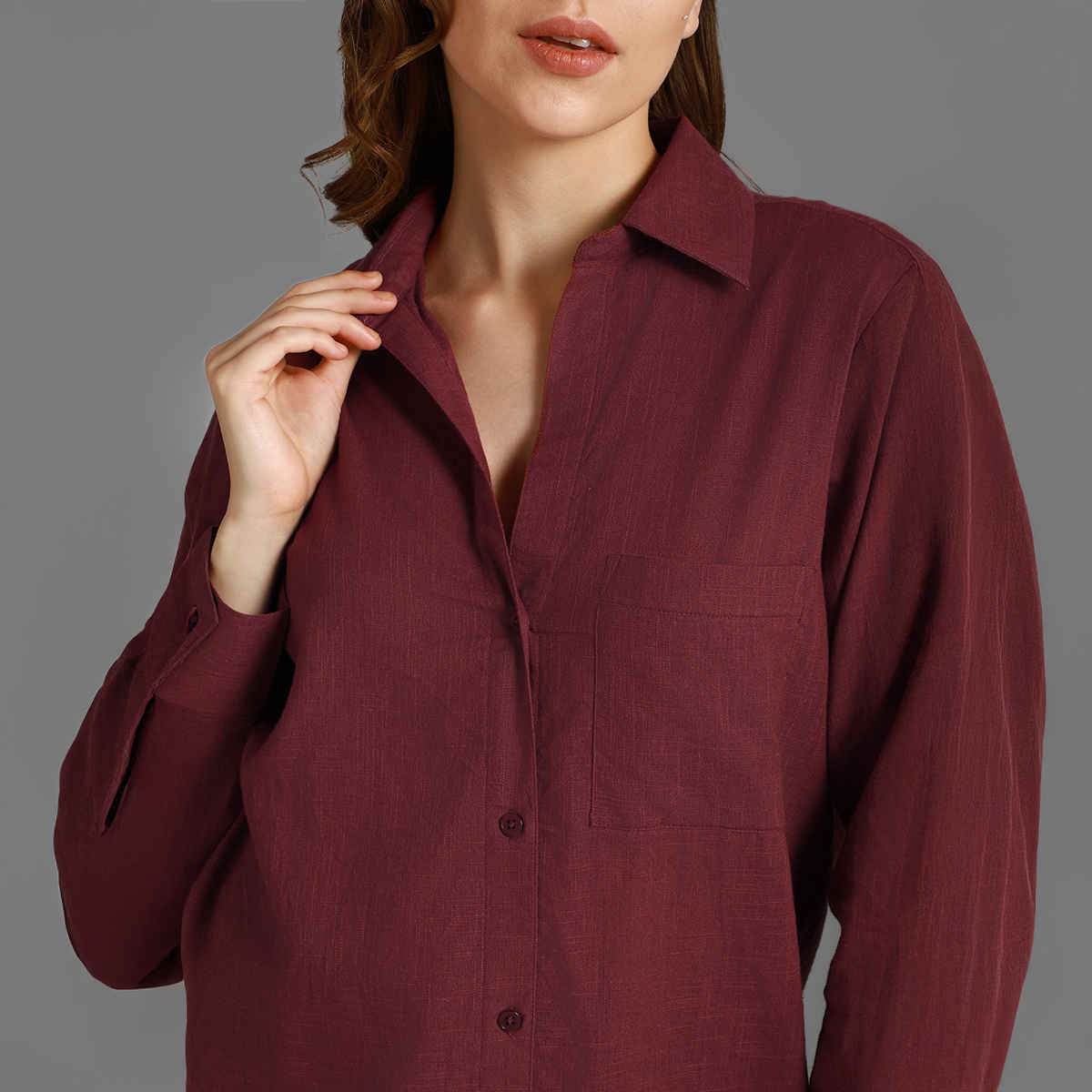 High Star Women Maroon Classic Spread Collar Long Sleeves Cotton Casual Shirt (Size-L)