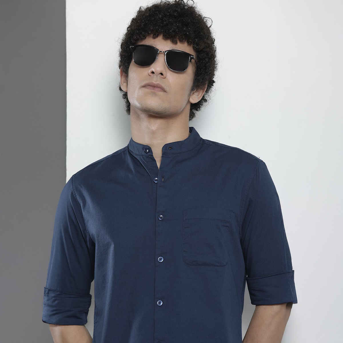 The Indian Garage Co Men's Regular Fit Solid Casual Shirt | Dark Blue - M
