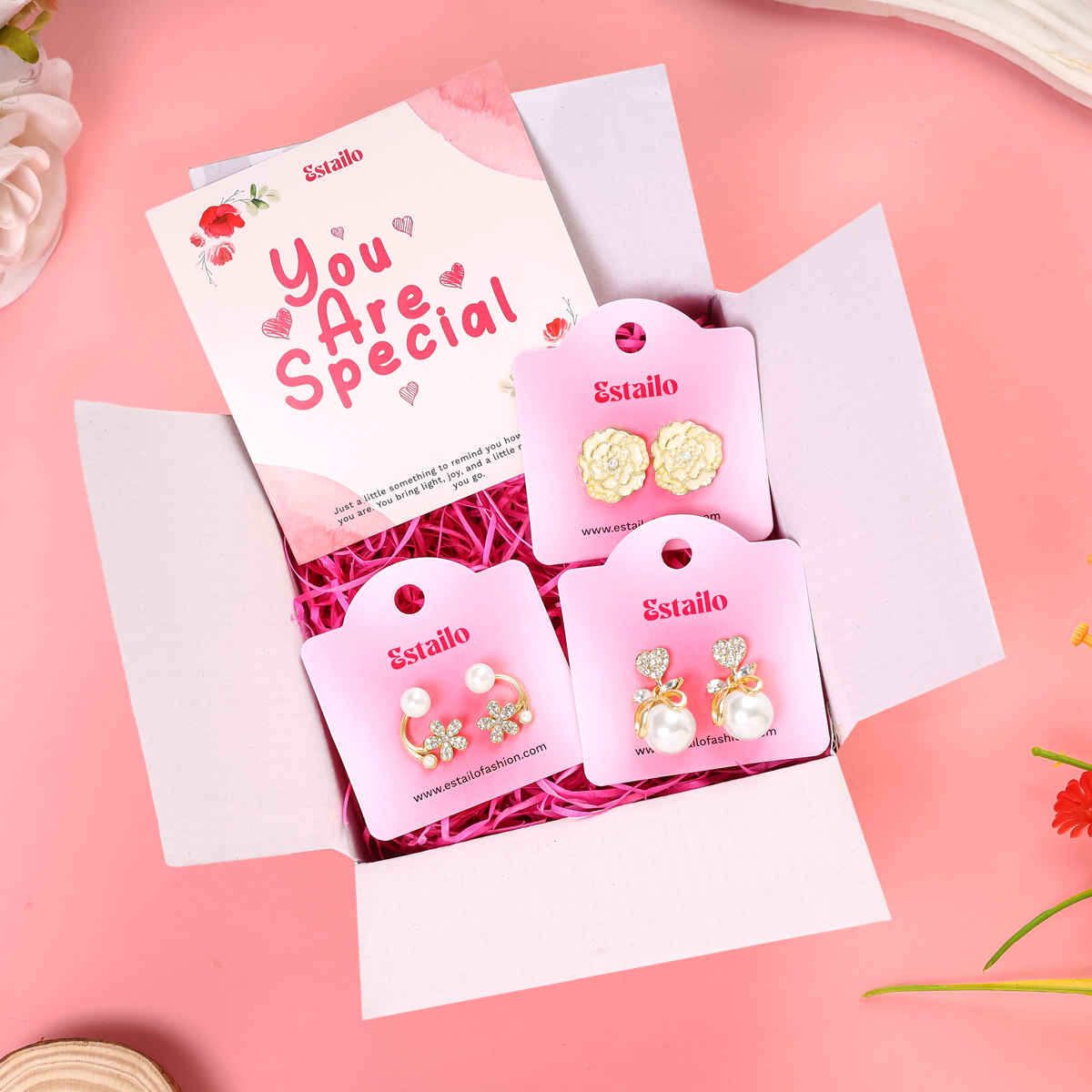 Estailo Fashion 3-Pair Earring Combo Pearl, Whirl & Daisy Studs | Women's Day