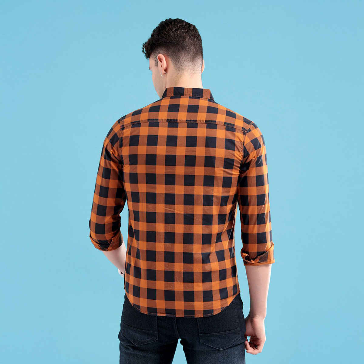 The Indian Garage Co Men's Slim Fit Checkered Casual Shirt | Mustard - S