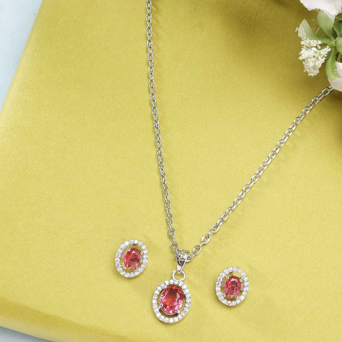 Zeneme Rhodium Plated American Diamond Studded Necklace and Earrings For Women & Girls