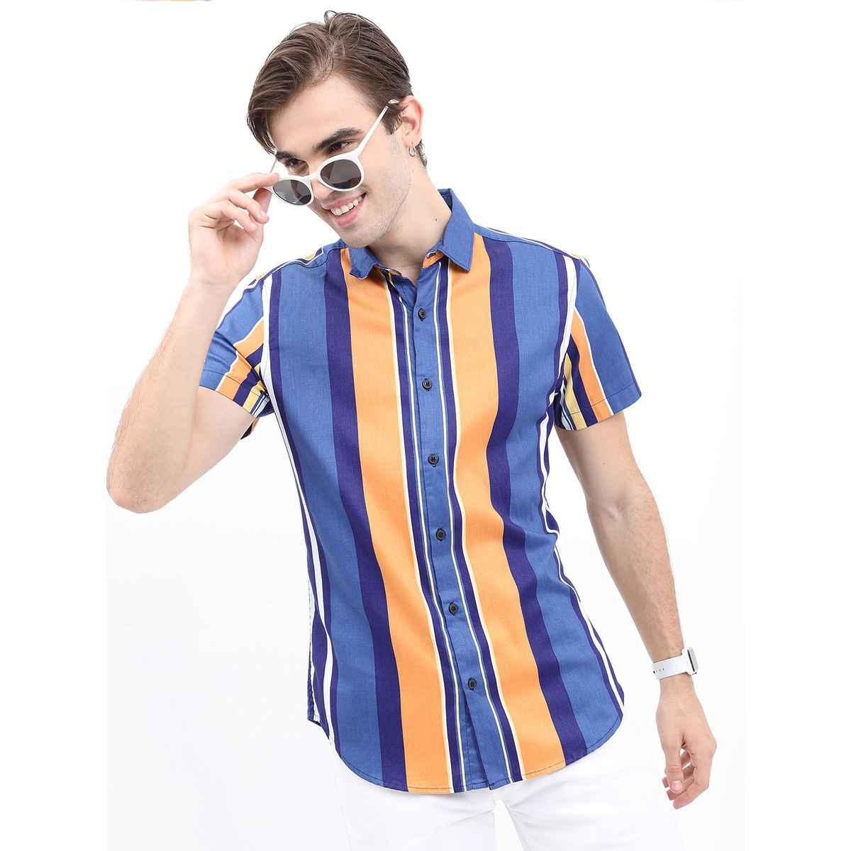 Ketch Men Slim Fit Striped Cotton Casual Shirt | Blue | L
