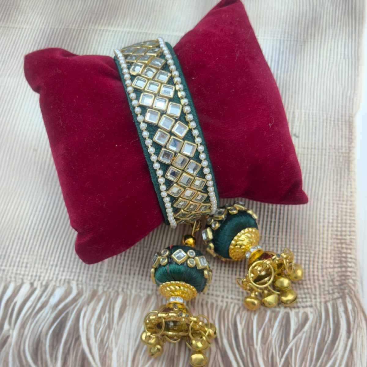 The Opal Factory Kundan Silk Thread Flexible Size Bangle | Jhumki Latkan | Green - Flexible