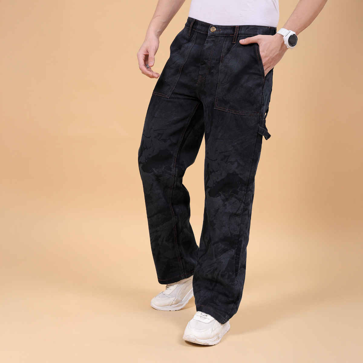 The Indian Garage Co Men's G371 Baggy Fit Solid Casual Jeans | Dark Blue | 34