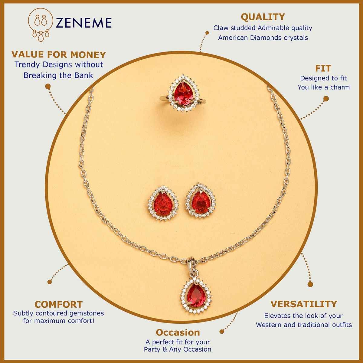 Zeneme Rhodium-Plated Red American Diamond Necklace and Earrings With Ring For Women & Girls