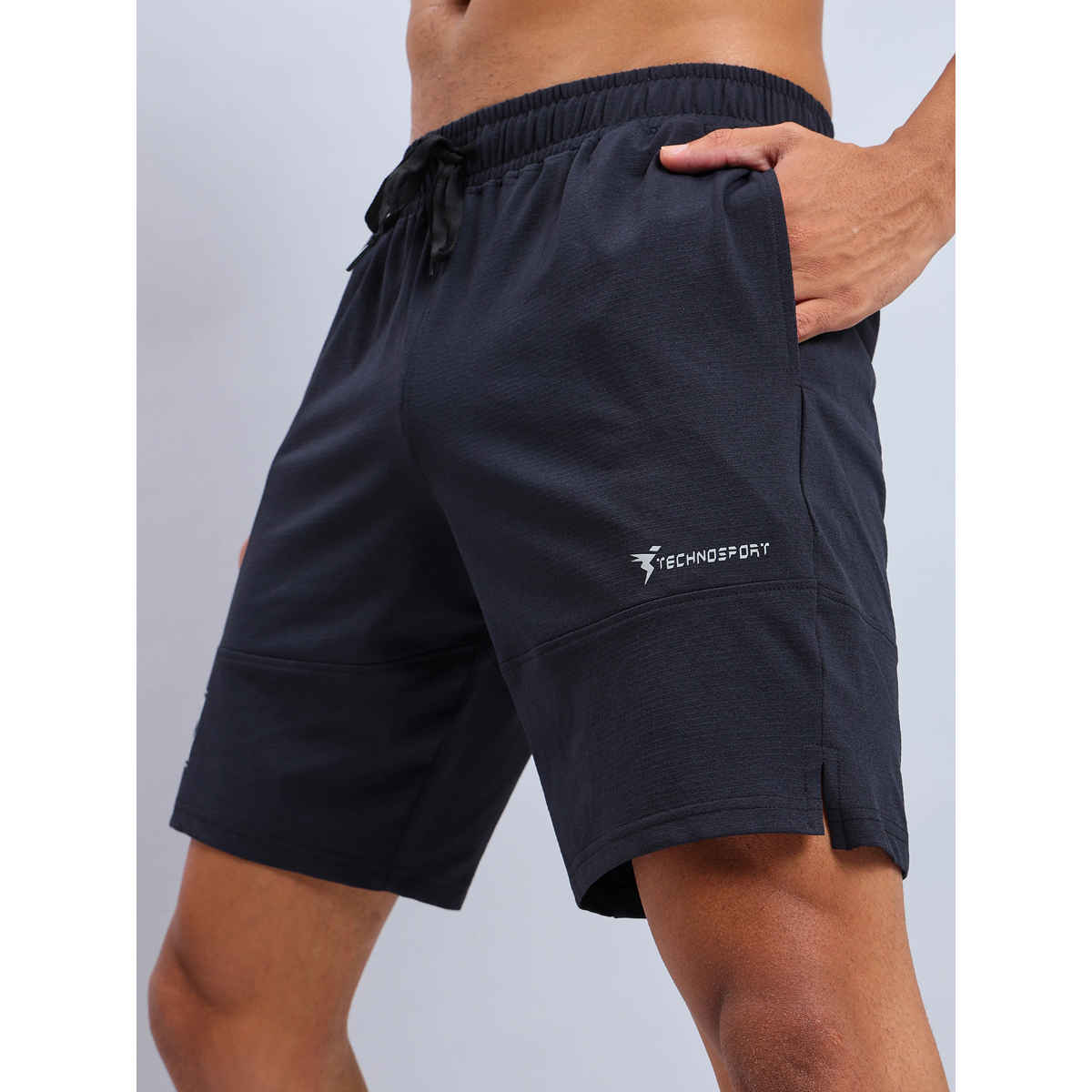 Technosport Men Poly Solid Relax Fit Sports Shorts with ELASTO LITE | Black | M
