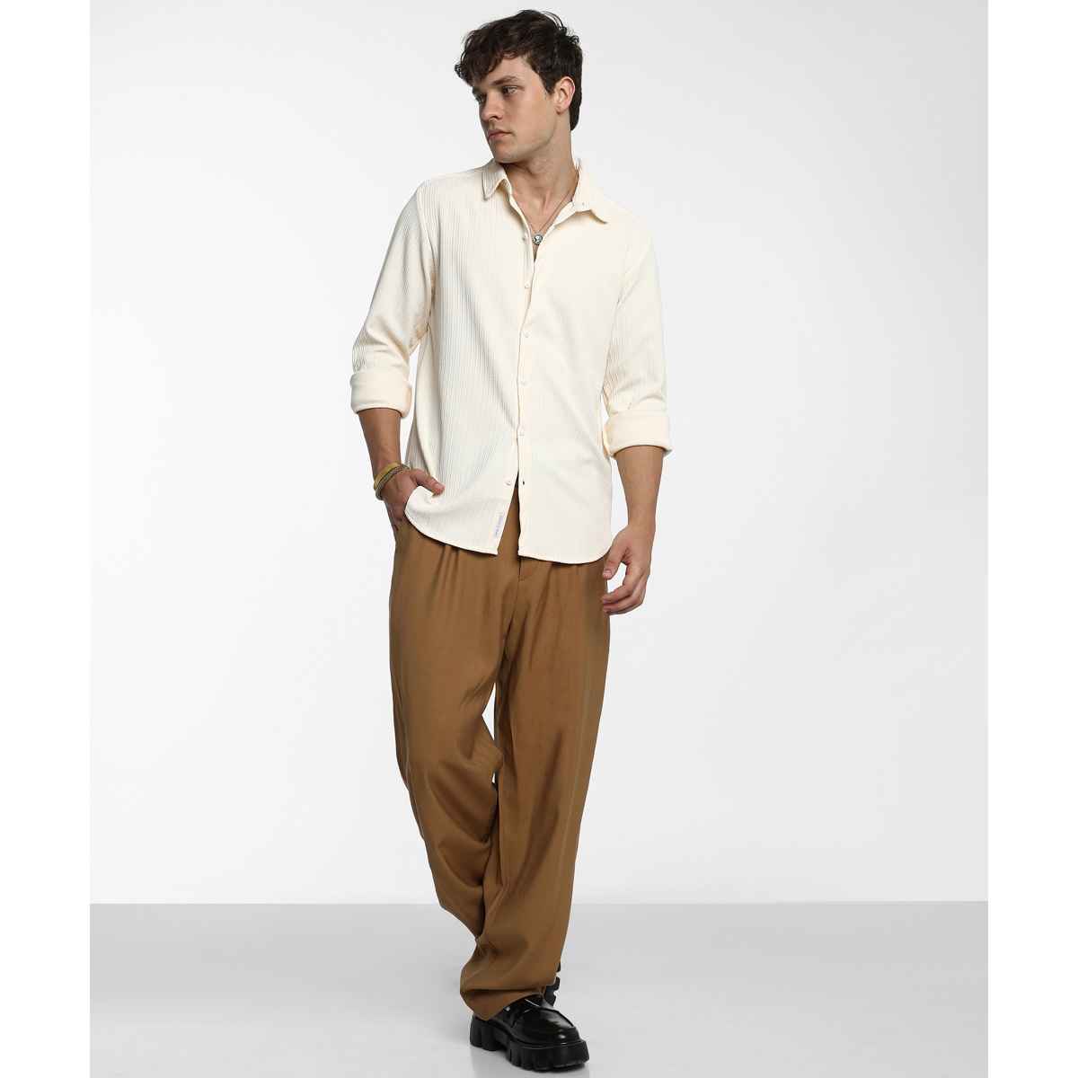 Campus Sutra Men's Stripe-Creased Shirt | Yellow - M