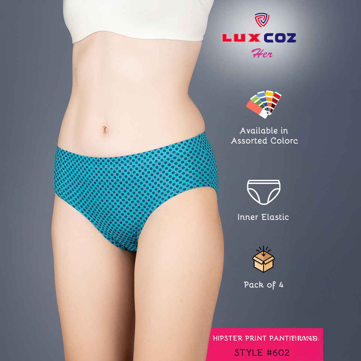 Lux Cozi Her Pure Cotton Hipster Printed Panty | Multicolor | Size-90 | Pack Of 4
