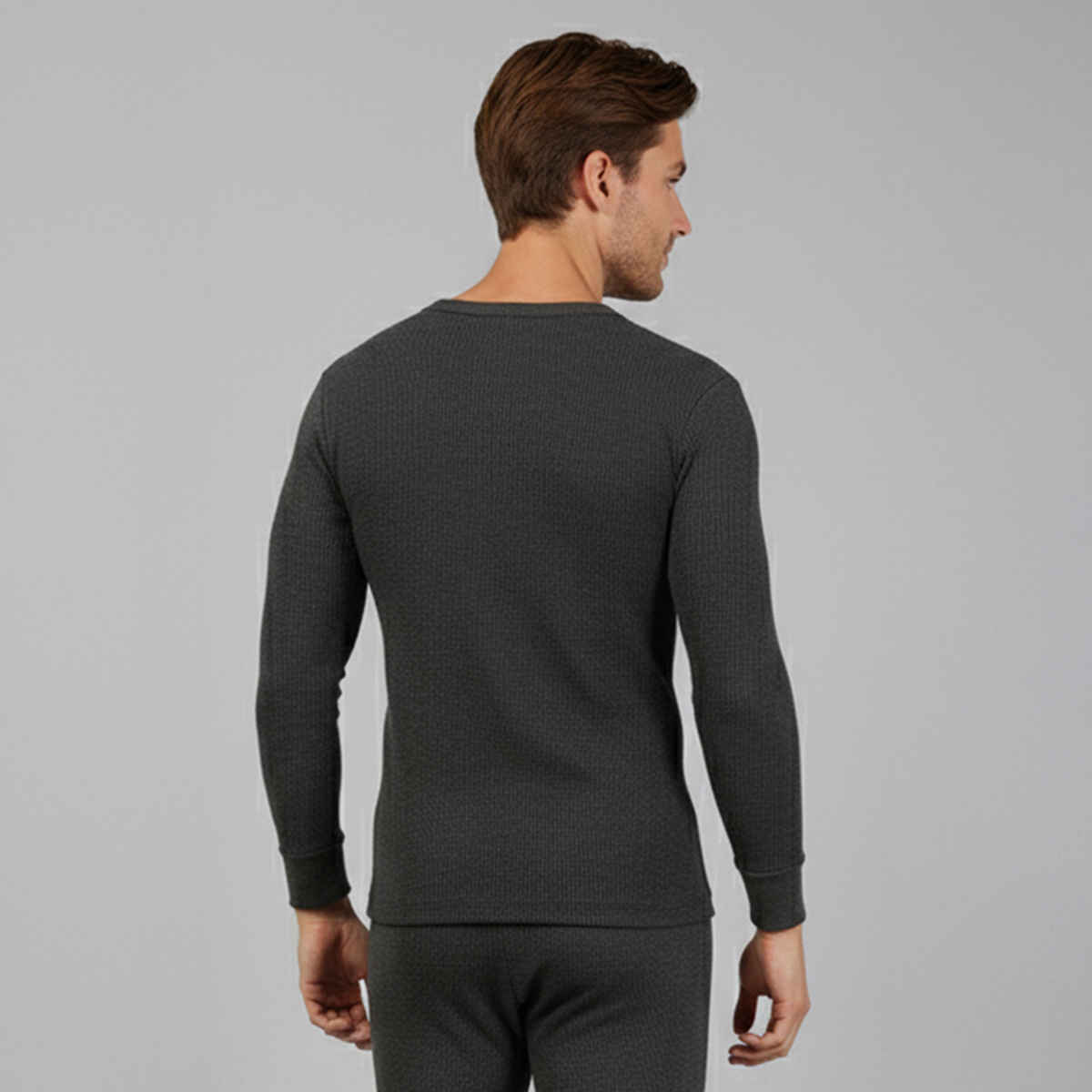Lux Cozi Men's Heatek Thermal Comfort, Stretchable & Super Warm Round Neck Top | Black Melange-100