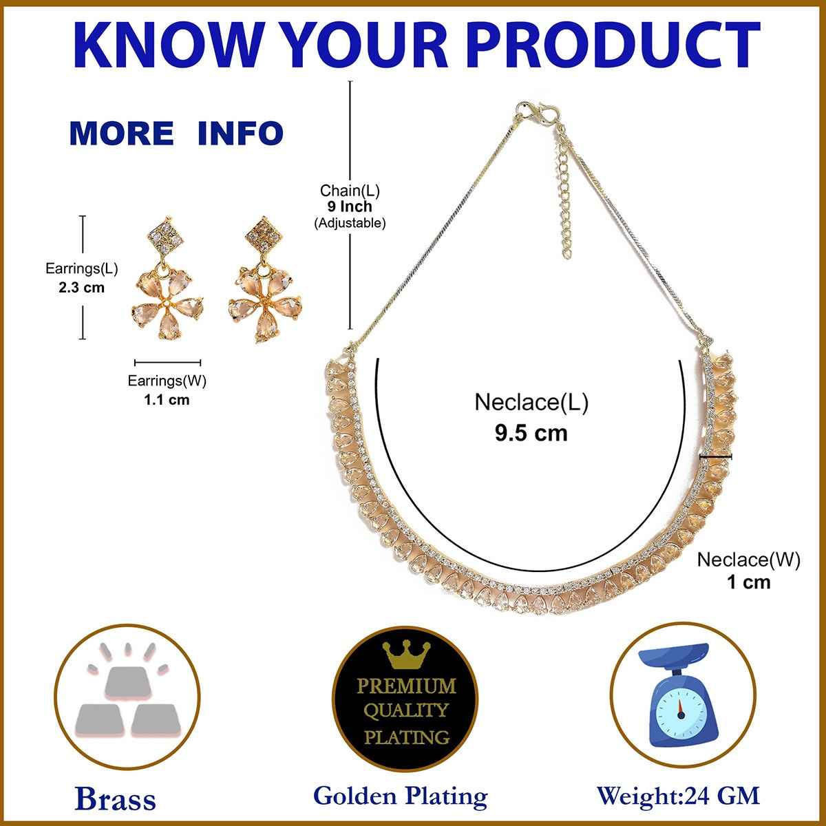 Zeneme Gold-Toned & Plated American Diamond Studded Jewellery Set For Women & Girls
