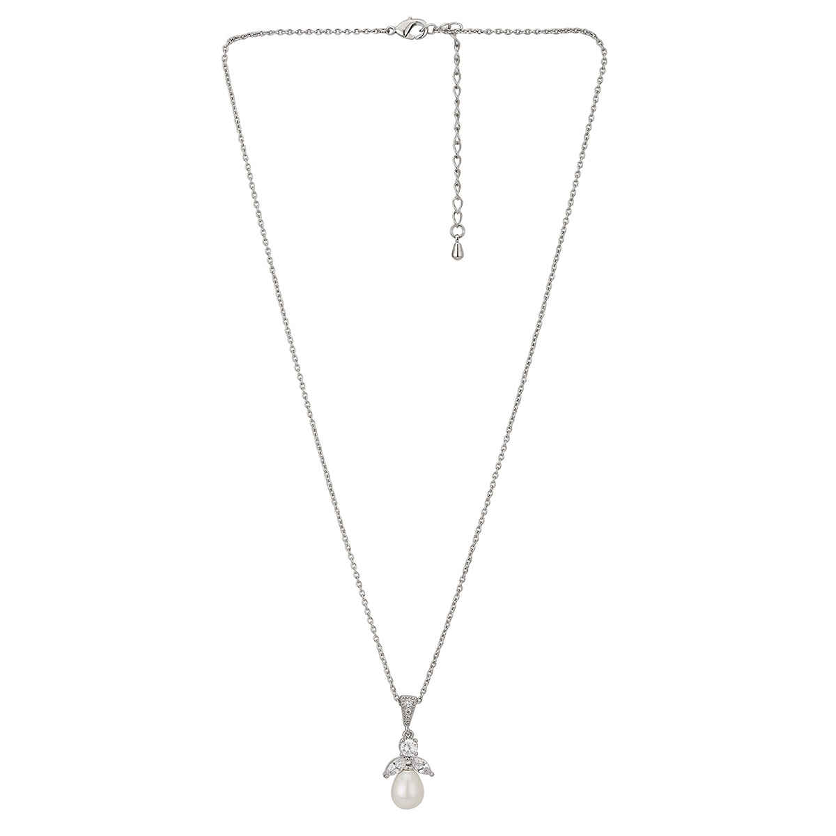 Carlton London Rhodium Plated with CZ and Pearl Necklace and Earring Set | FJS3330