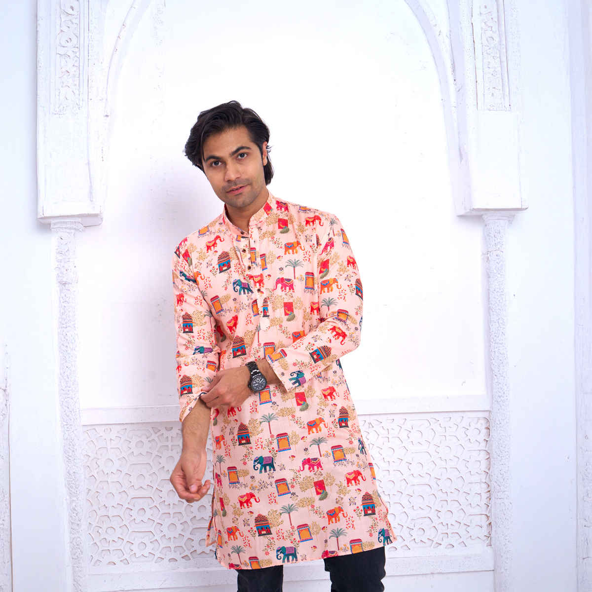 House Of Festivals Men's Printed Cotton Blend Ethnic Design Long Kurta | Multicolor - M