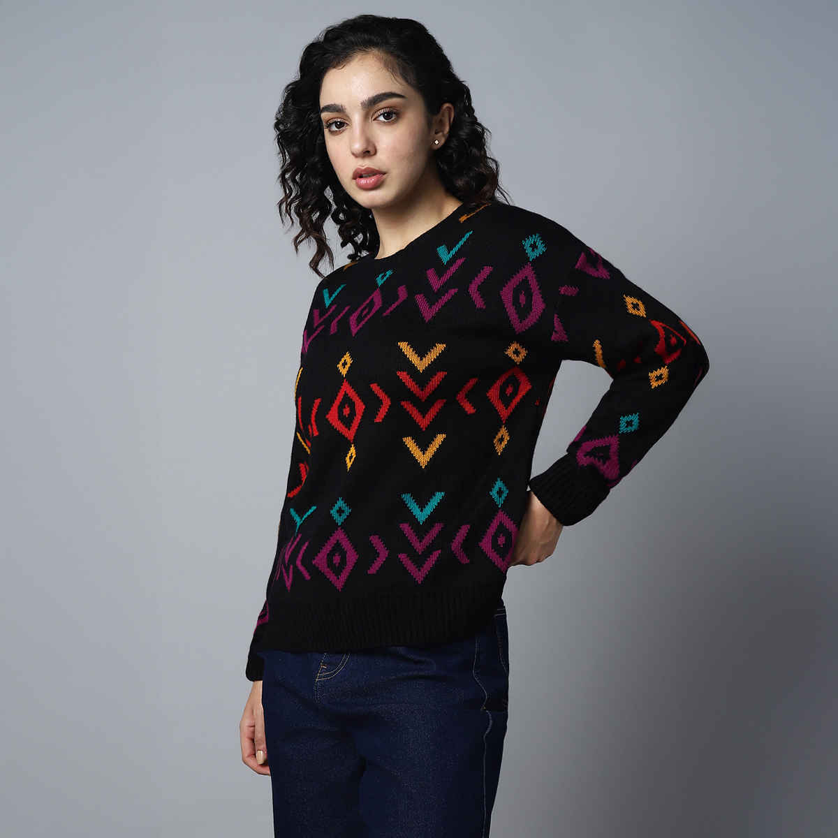 High Star Women's Geometric Printed Pullover | Black - M