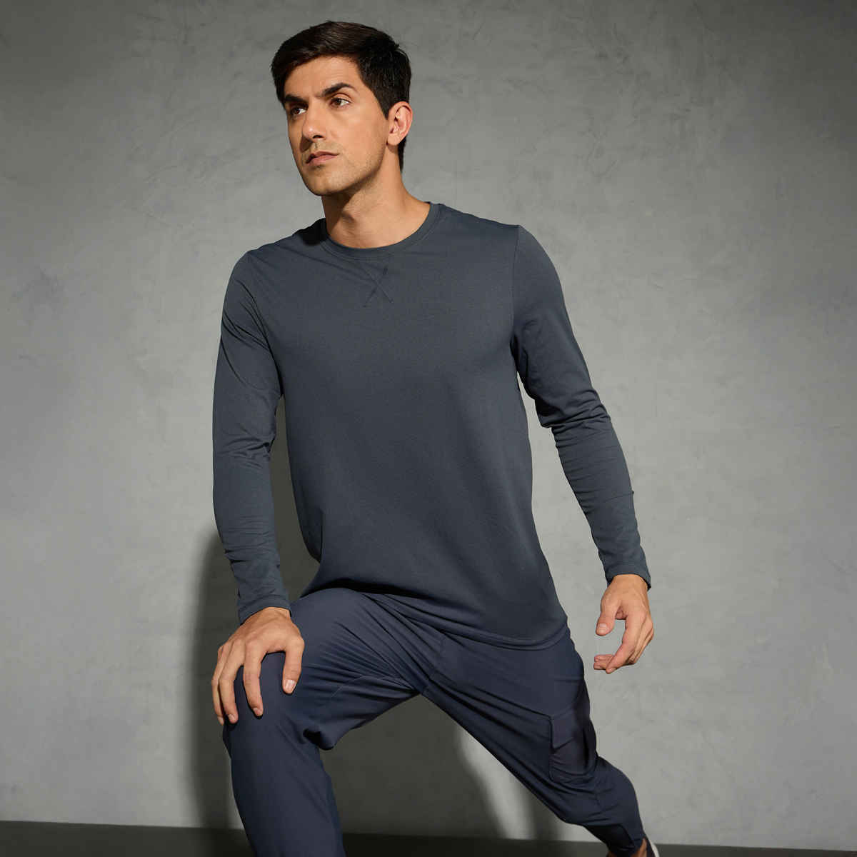 Technosport Men's Poly Solid Slim Fit Round Neck Full Sleeve Sports T-shirt | Carbon Grey - M