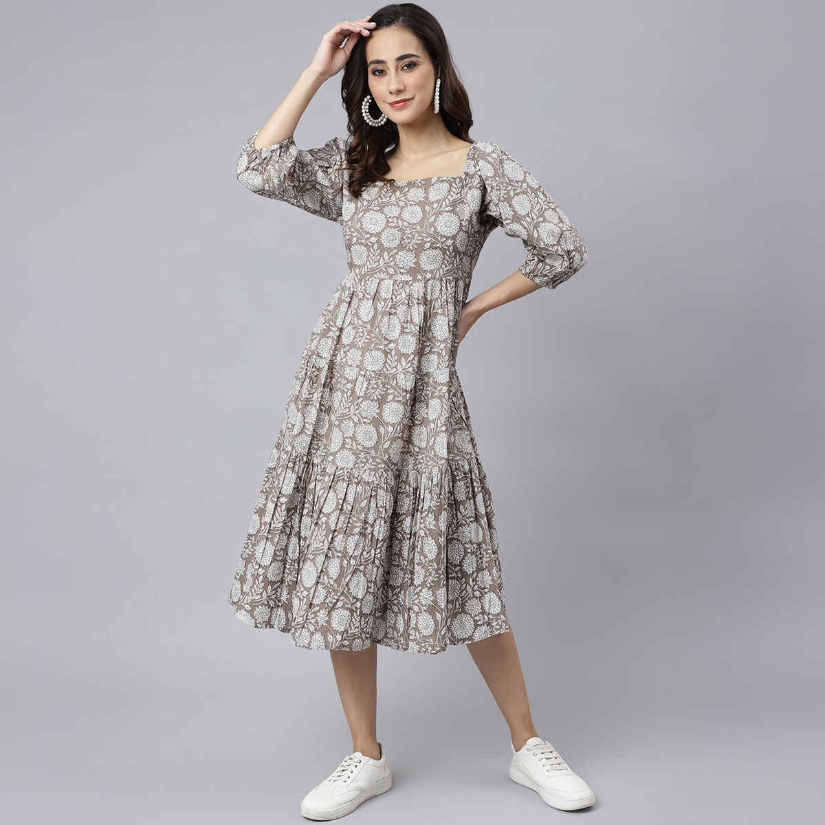 Janasya Women's Grey Pure Cotton Floral Printed Flared Dress - S