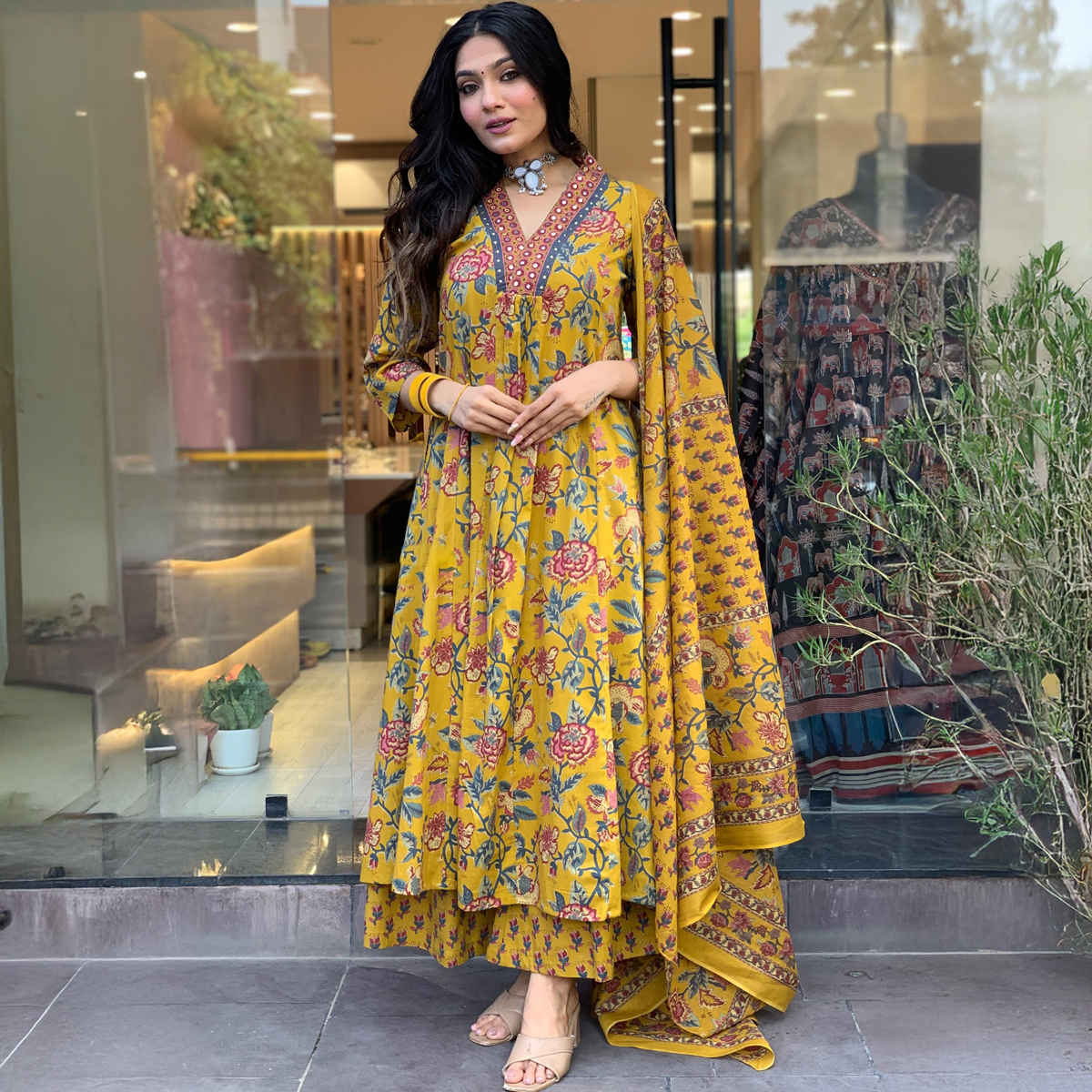 GoSriKi Women's Rayon Blend Anarkali Printed Kurta with Palazzo & Dupatta | CIA | Yellow - S