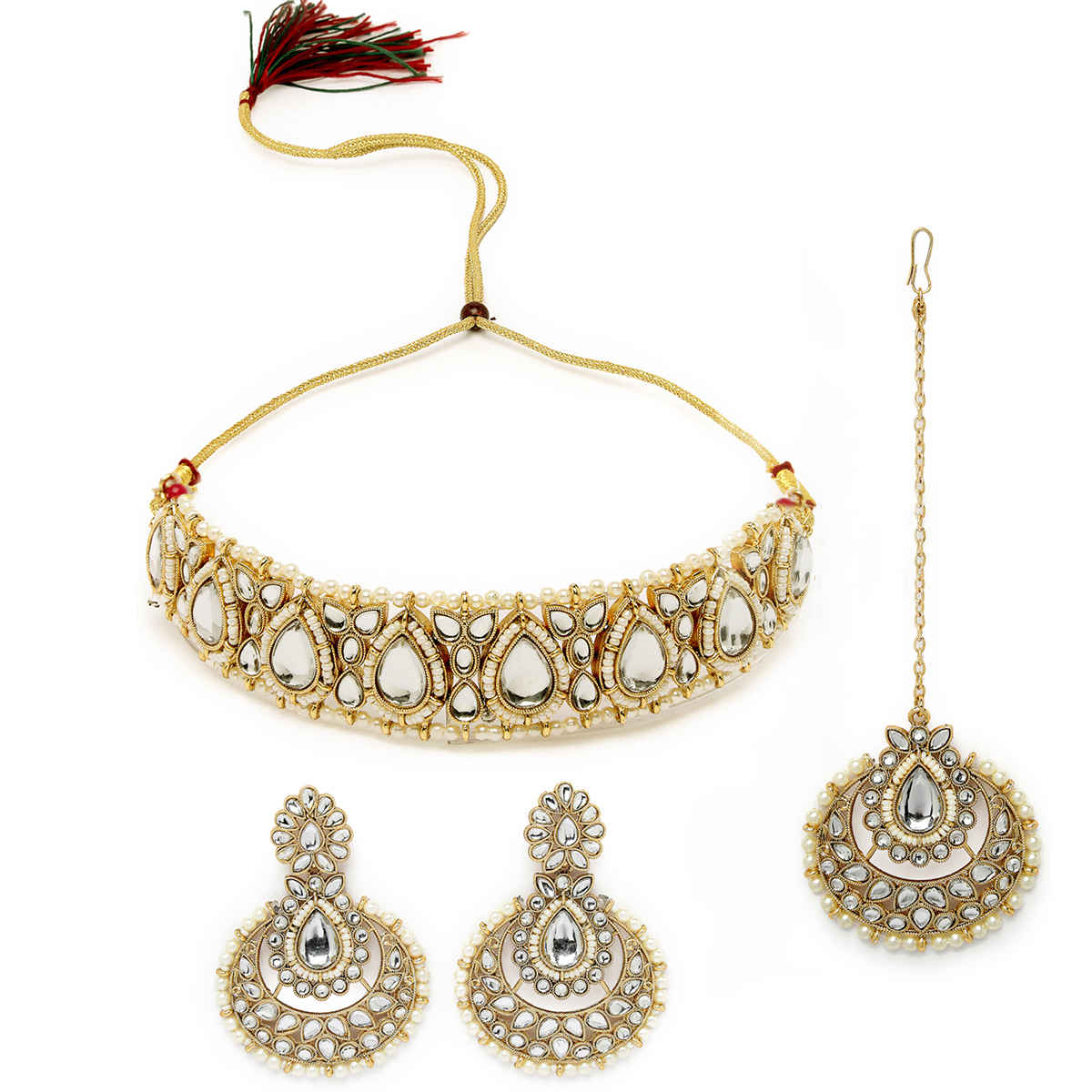 Sukkhi Fashionable Gold Plated White Kundan & Beads Studded Choker Necklace Set