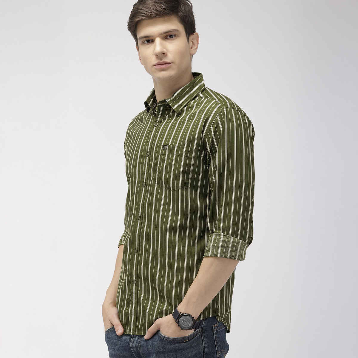 The Indian Garage Co Men's Slim Fit Multi Stripes Casual Shirt | Olive - S