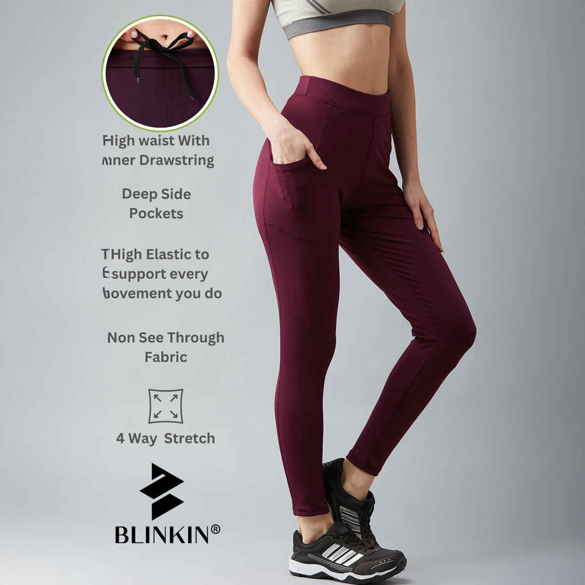 Blinkin Women's Gym Pants & Tights - Maroon | Stretchable | With Side Pockets | XXl