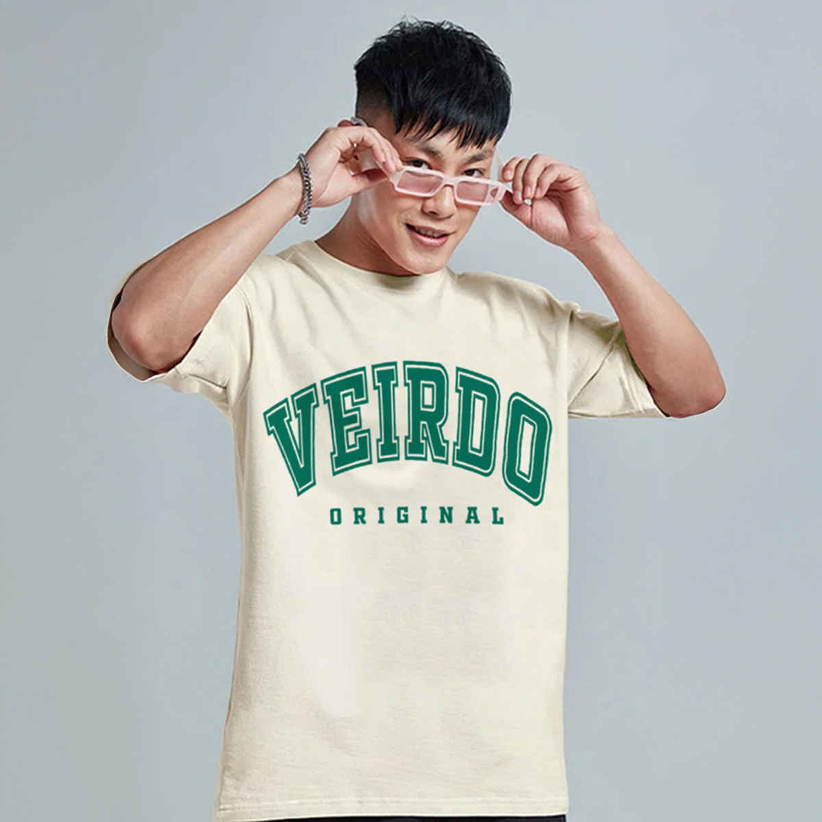 Veirdo Pure Cotton Oversized Fit Round Neck Swan White Printed T-Shirt For Men - S