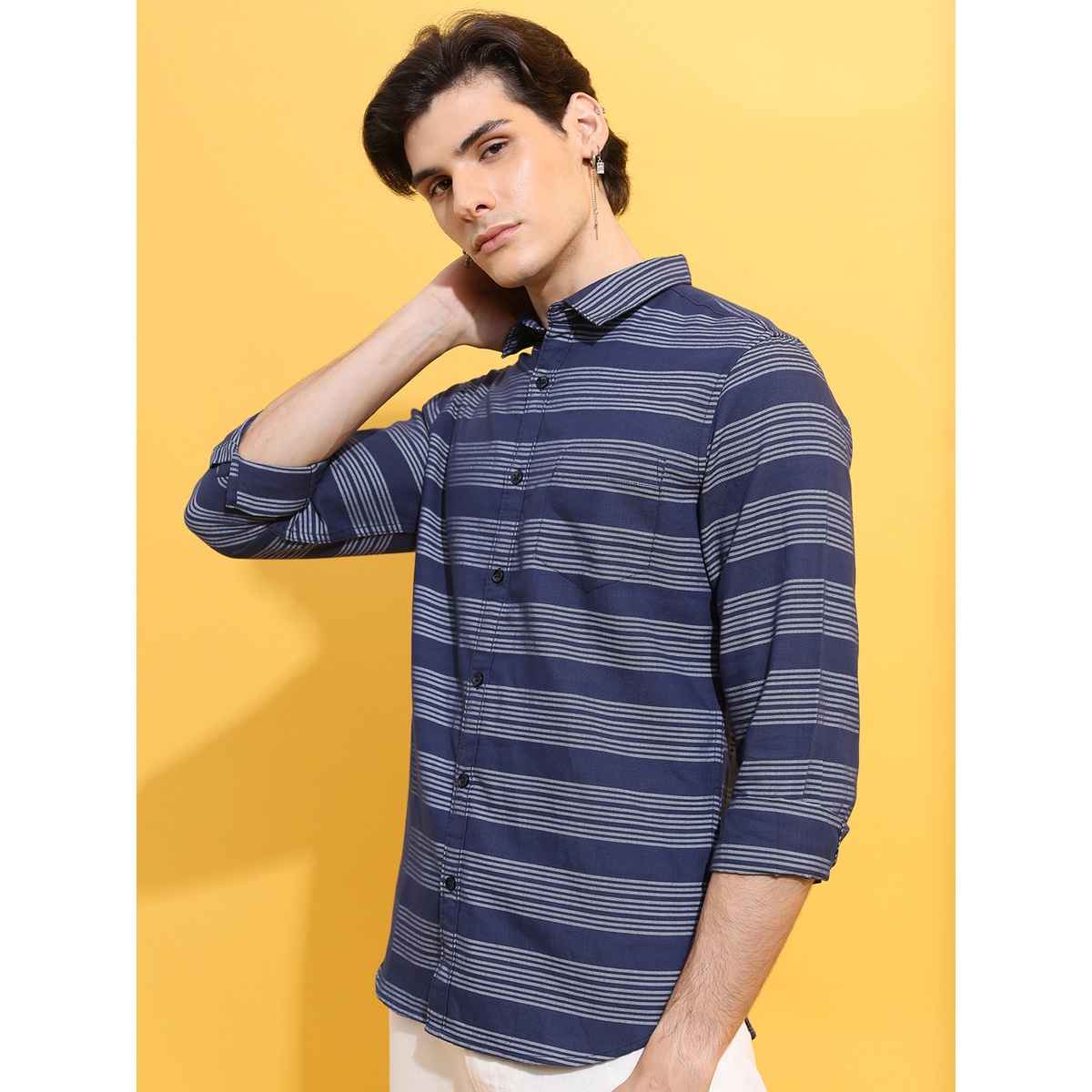 Ketch Men Slim Fit Striped Spread Collar Casual Shirt | Blue | M