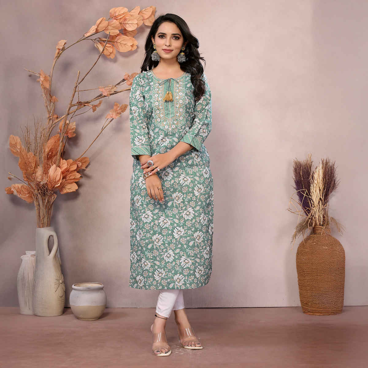 Rangita Women s Green Cotton Embroidered Calf Length Straight Kurta | M