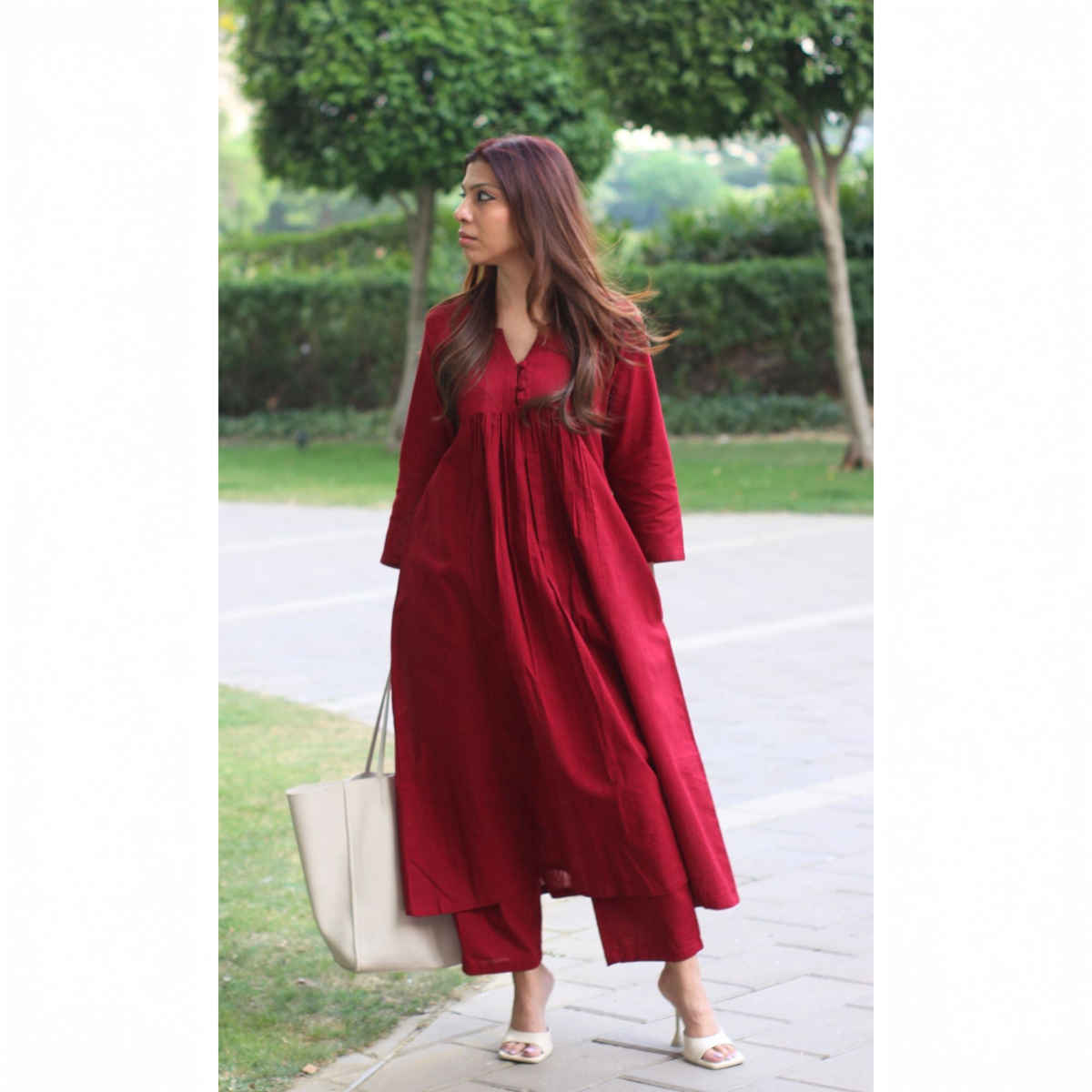 GoSriKi Women's Viscose Rayon Anarkali Solid Kurta with Pant | ANVI | Red - S