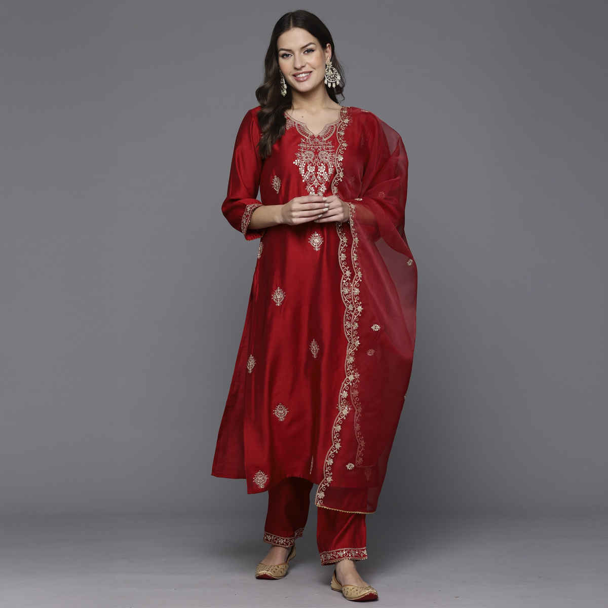 Indo Era Women's Silk Blend Embroidery Straight Kurta Set with Dupatta | KH9RD9490 | Red - M