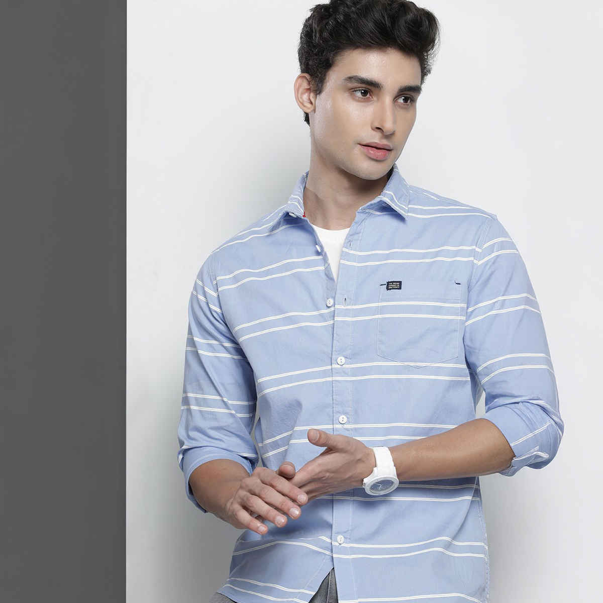 The Indian Garage Co Men's Slim Fit Striped Casual Shirt | Blue - S